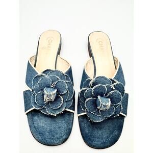 Chanel Blue Denim Camellia Slide Sandals Frayed Flower EU 38